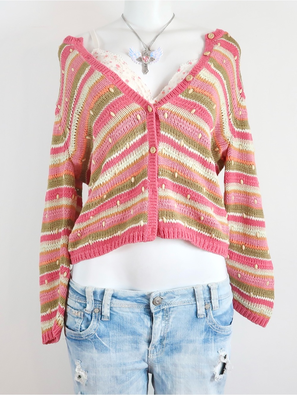 talbots petites pink striped knit cardigan y2k style